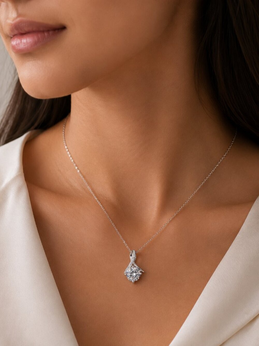NEW 18k White Gold Round Cut Diamond Necklace
